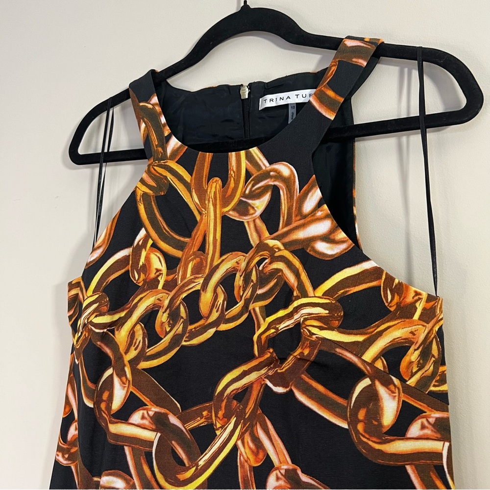 Trina Turk Aptos Black and Gold Chain Pattern High Neck Dress - Size 10 - EUC - Picture 5 of 8
